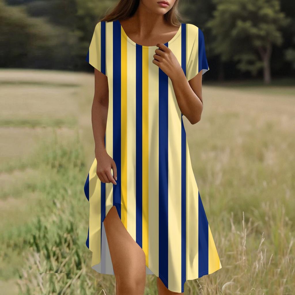 Women's Fashionable Casual V-neck Short-sleeved Tie Striped Print Dress