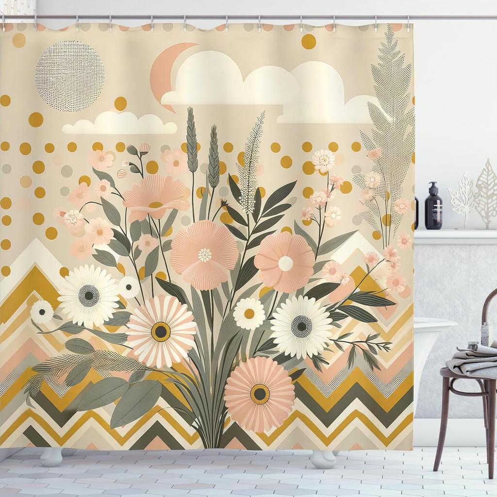 Rideau de douche Eucalyptus Floral, Fleurs Précieuses de Printemps et Zigzags Chevron Boho Nordique, Tissu Tissu Salle de Bain