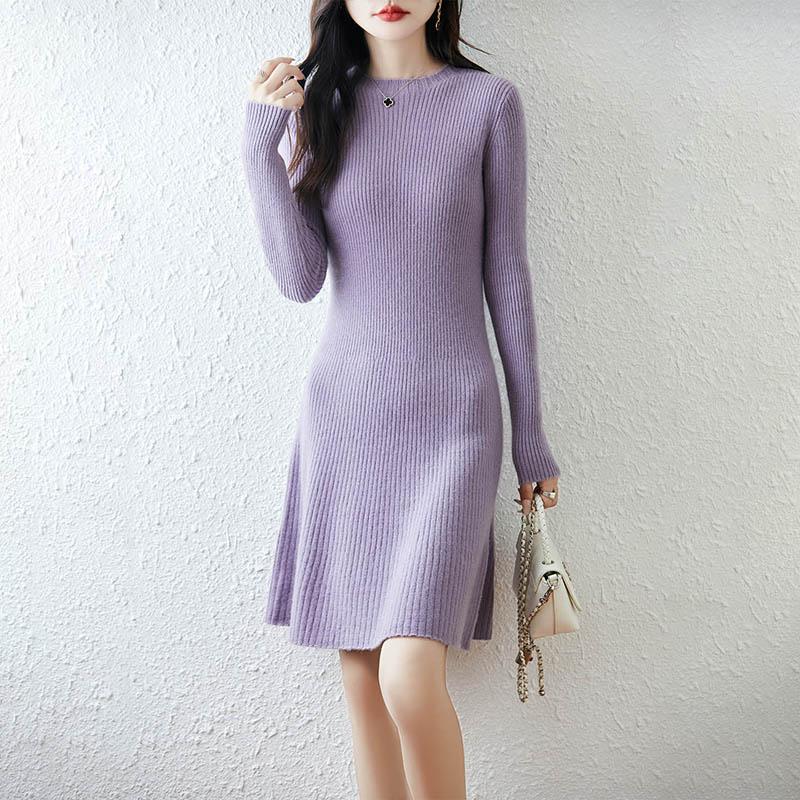 Women Sweater Dress 100% Wool TIDENOVEL O-neck Knit Long Pullover Winter Jumpers Wool Long Dress Female