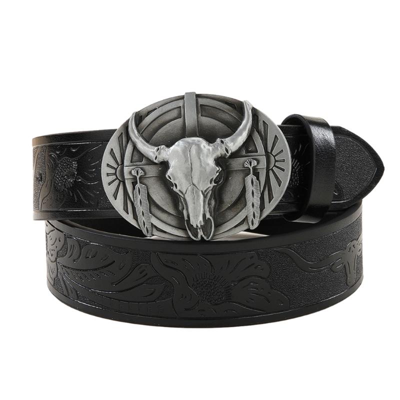 Adjustable Relief Bull Head Buckle Belt Embossed Pattern Waist Belt Ethnic Style Teens Man Waist Belt Wear-Resistant 1