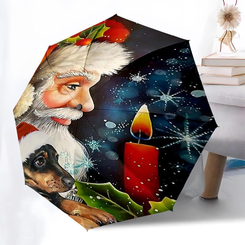 

1pc Christmas Santa Claus & Dog Auto Open Close Umbrella, Portable 3-Fold Design with 8-Bone Iron Frame, Outdoor for Fans, Travelers, Daily Use, Festi
