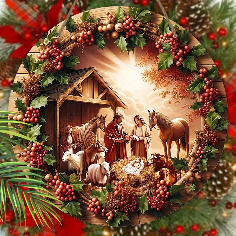 Nativity Wooden Christmas Sign - Jesus Navidad Round Sign for Front Door Wall Hanging Decor - Ideal Christmas Decoration