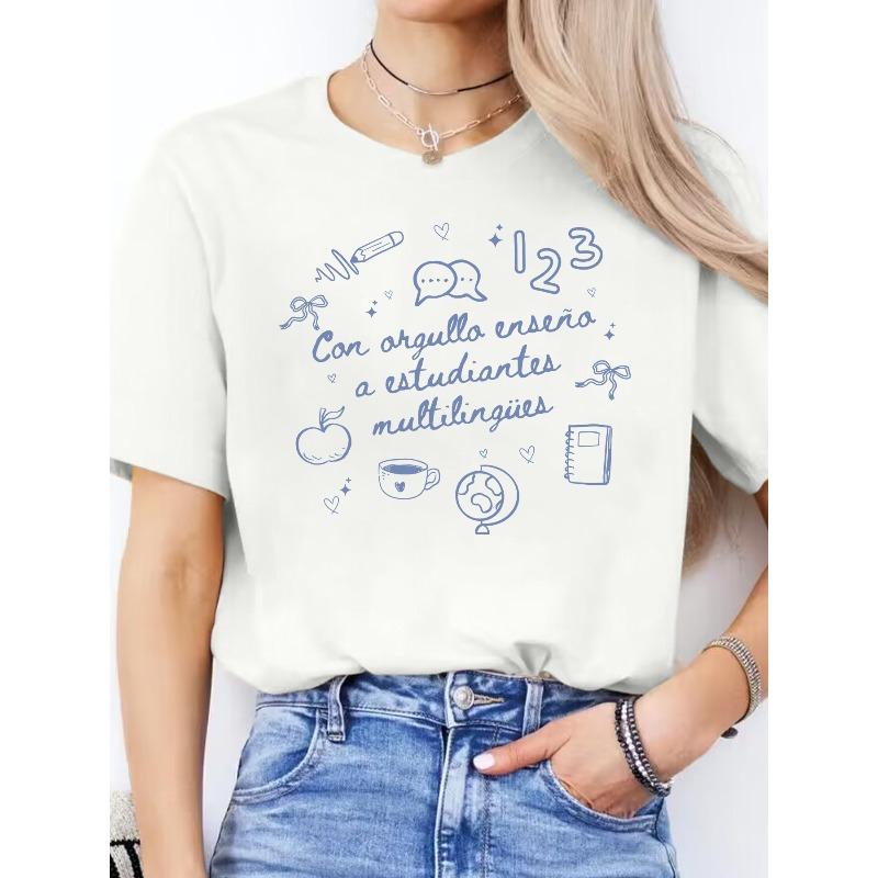 Women s Spanish T-Shirt Spanish Letter Print Women s Casual Round Neck Short Sleeve Sports T-Shirt - Spring Summer Top S белый