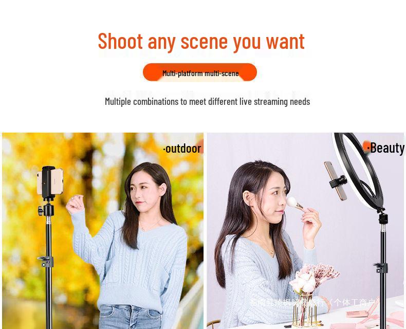 Floor Stand Multifunctional Tripod with Beauty Light for Live Streaming and Mobile Phone Holder.
