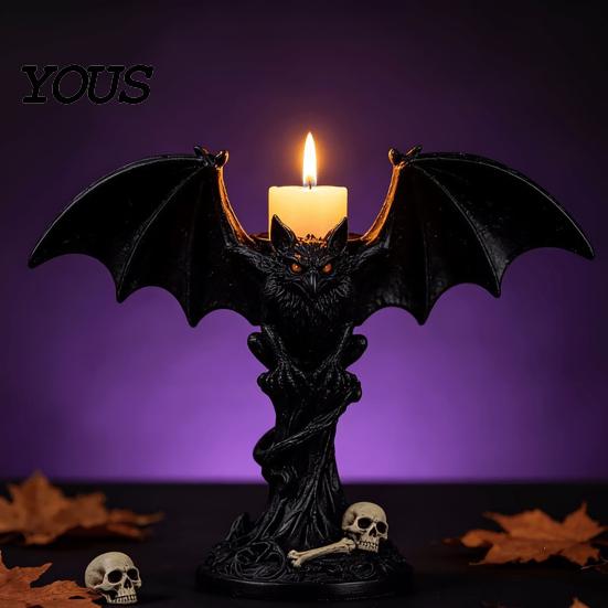 Halloween Bat Candle HolderGothic Tealight Holder Devil Holder, Gothic Winged Candlestick with Shadow Projection Red Eyes, Matte Black Sticks