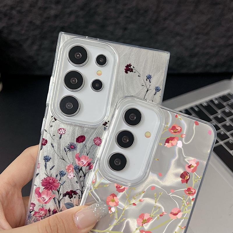 Red Floral Pattern Feather Sparkling Hard PC Slim Phone Case For Samsung S25 Ultra S24 FE S23 A36 A56 A16 A55 Glitter Shockproof TPU Soft Edge Cover