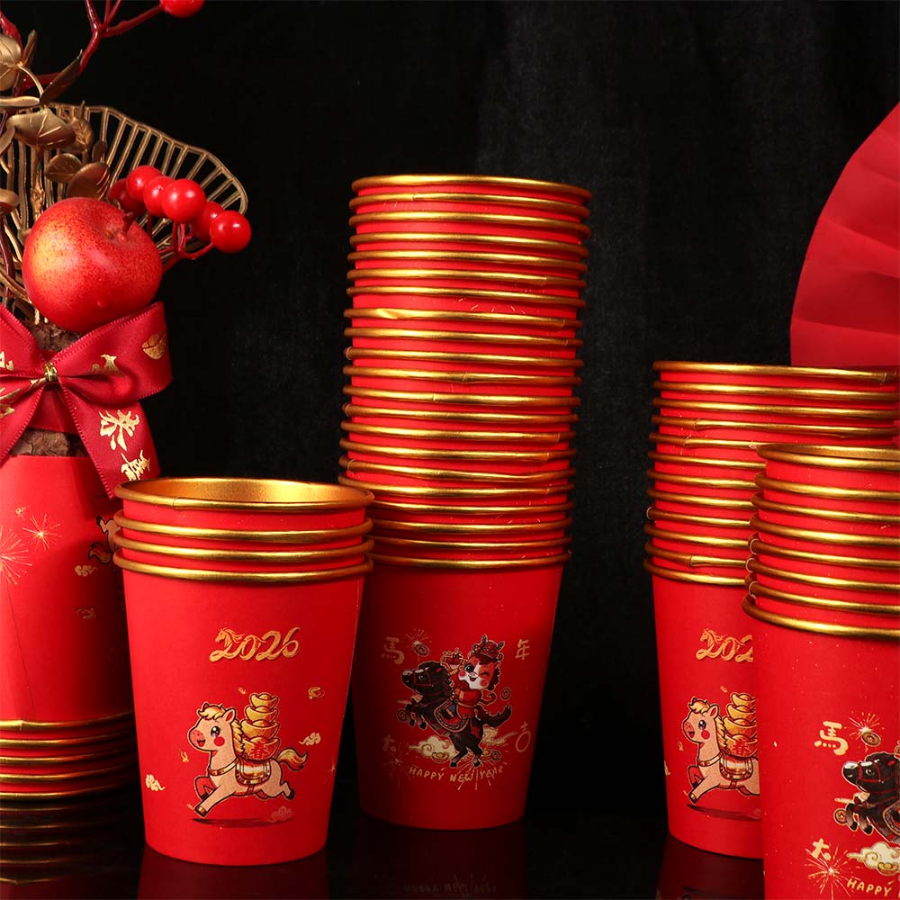 50pcs Gold Foil 2026 Spring Festival Disposable Cup Horse Pattern Water Cup Family Dinner