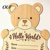 Nursery Shelf Display Sign Wooden Baby Birth Announcement Sign, Cute Bear Hello World Newborn Welcome Statistics Memory Board with Stand, Name Plaques