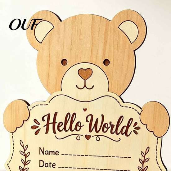 Nursery Shelf Display Sign Wooden Baby Birth Announcement Sign, Cute Bear Hello World Newborn Welcome Statistics Memory Board with Stand, Name Plaques
