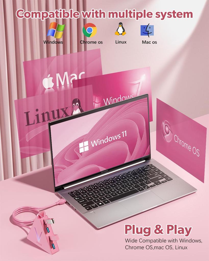 JoyReken FlyingVHUB 4 Port USB Data Hub Pink 3.0