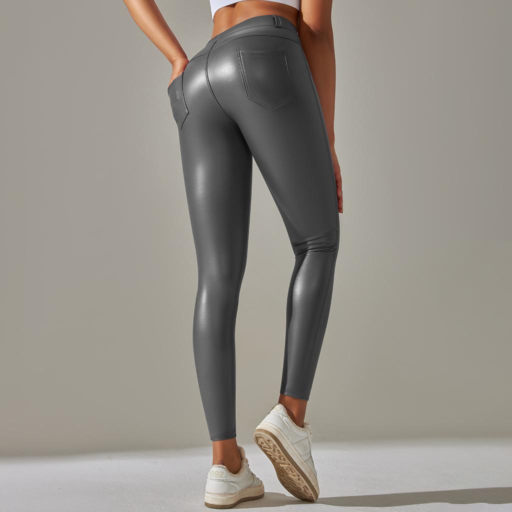 Fashion Casual Comfort Versatile PU Leather Pants High Elasticity Feeling Solid Color Shiny Thin Velvet Tight Pocket Fitness Pants Running Yoga Pants