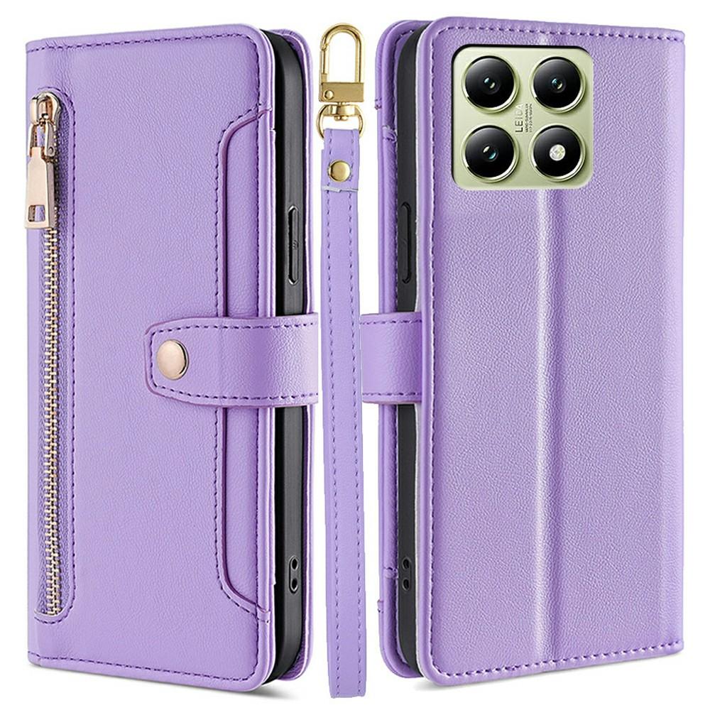 

For Xiaomi 14T Leather Case Zipper Pocket Wallet Phone Cover with 2 Straps Purple