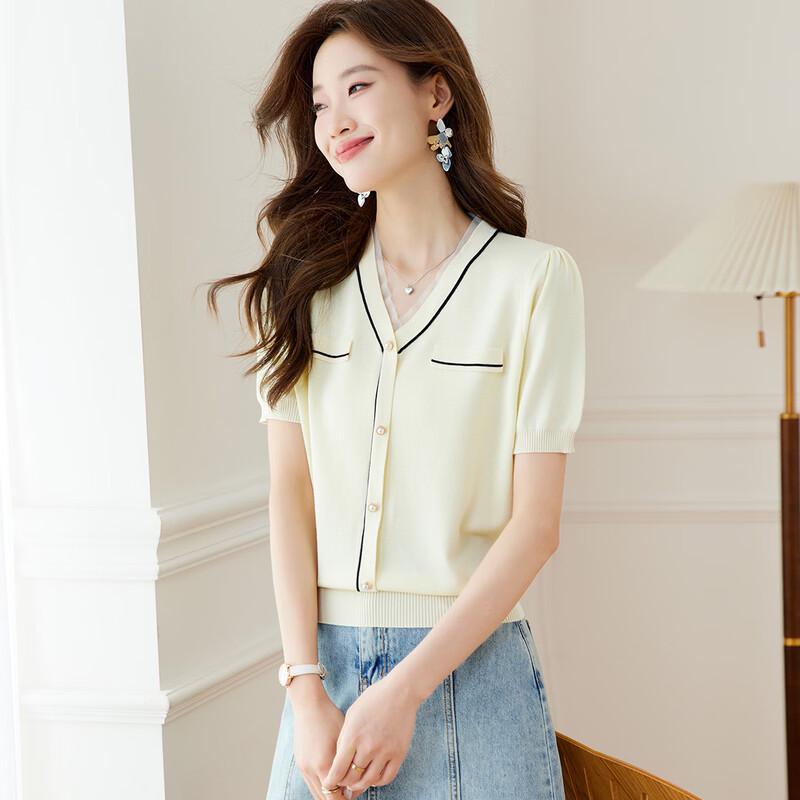 Chic Silk Blend V-Neck Knit Short Sleeve Top