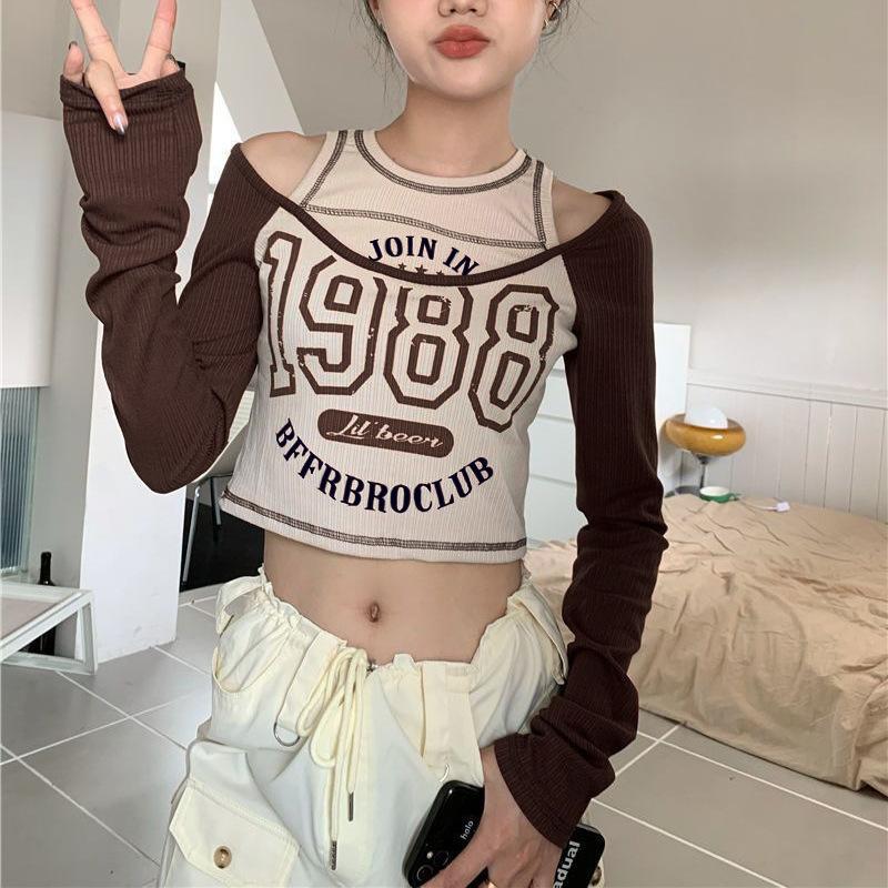 

Весенне-осенняя женская блузка без бретелек с круглым вырезом и длинным рукавом с буквенным принтом XL кофейный