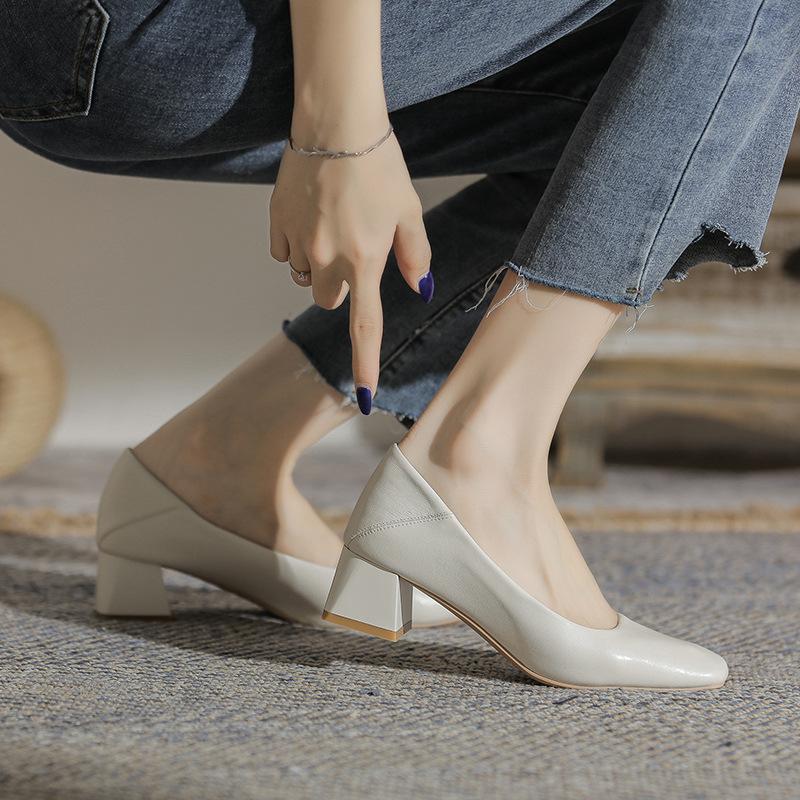 Leather solid color high heels women's autumn new thick heel single shoes French square head lambskin retro work shoes