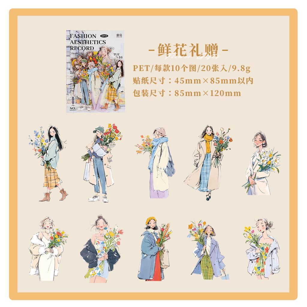 JIAMEI 20pcs Dressing Aesthetics Record Series Creative Fashion Character PET Stickers DIY Diary Scrapbook Stationery Stickers