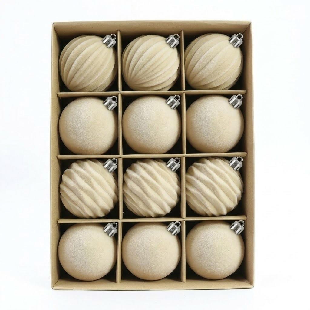12Pcs Flocked Christmas Bauble Set, Boxed Plastic Xmas Hanging Balls, 6cm & 8cm Luxury Decor Ornaments for Christmas Tree