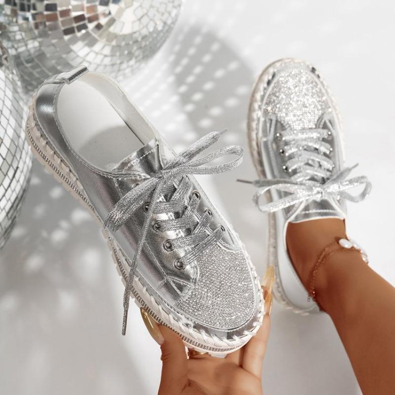 Fashion Fashion Car Stitch Colorblock Platform Single Shoes Fall New Round Toe Crystal Front Lace-Up Flat Sneakers