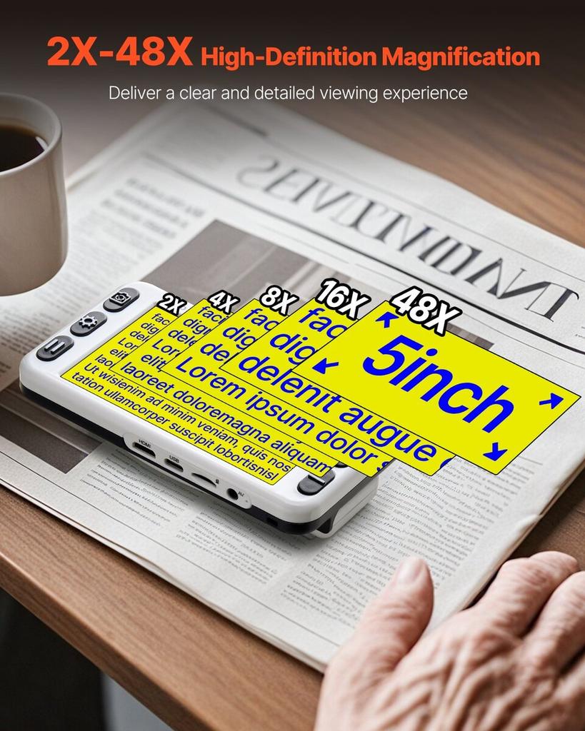 Portable Digital Magnifier, 127mm HD Electronic Video Magnifier for Low Version, 2X - 48X Electronic Reading Aid with 13MP Near & Far Dual Lens, 26