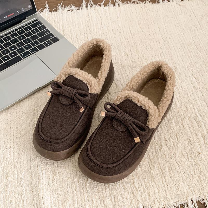 Damen Winter Freizeitschuhe Neue Mokassins Weiche Flache Rutschfeste Slipper Mode Komfort Warm Plüsch Schleife Slip-on Damen Baumwollschuhe 41