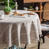 Cotton Tablecloth With Tassel Fringe Embroidered Stripe Round Dining Table Cover