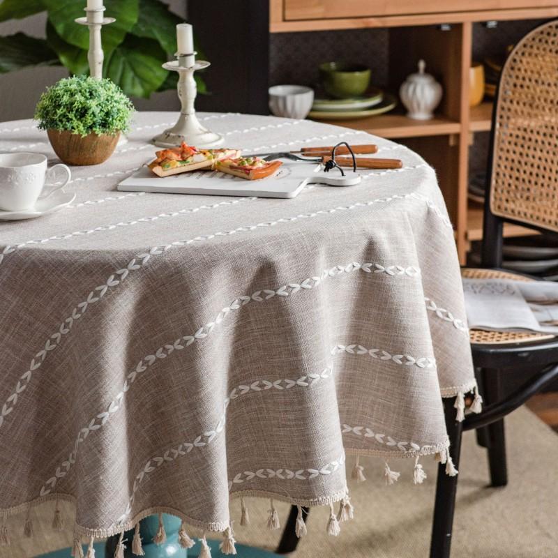 Cotton Tablecloth With Tassel Fringe Embroidered Stripe Round Dining Table Cover