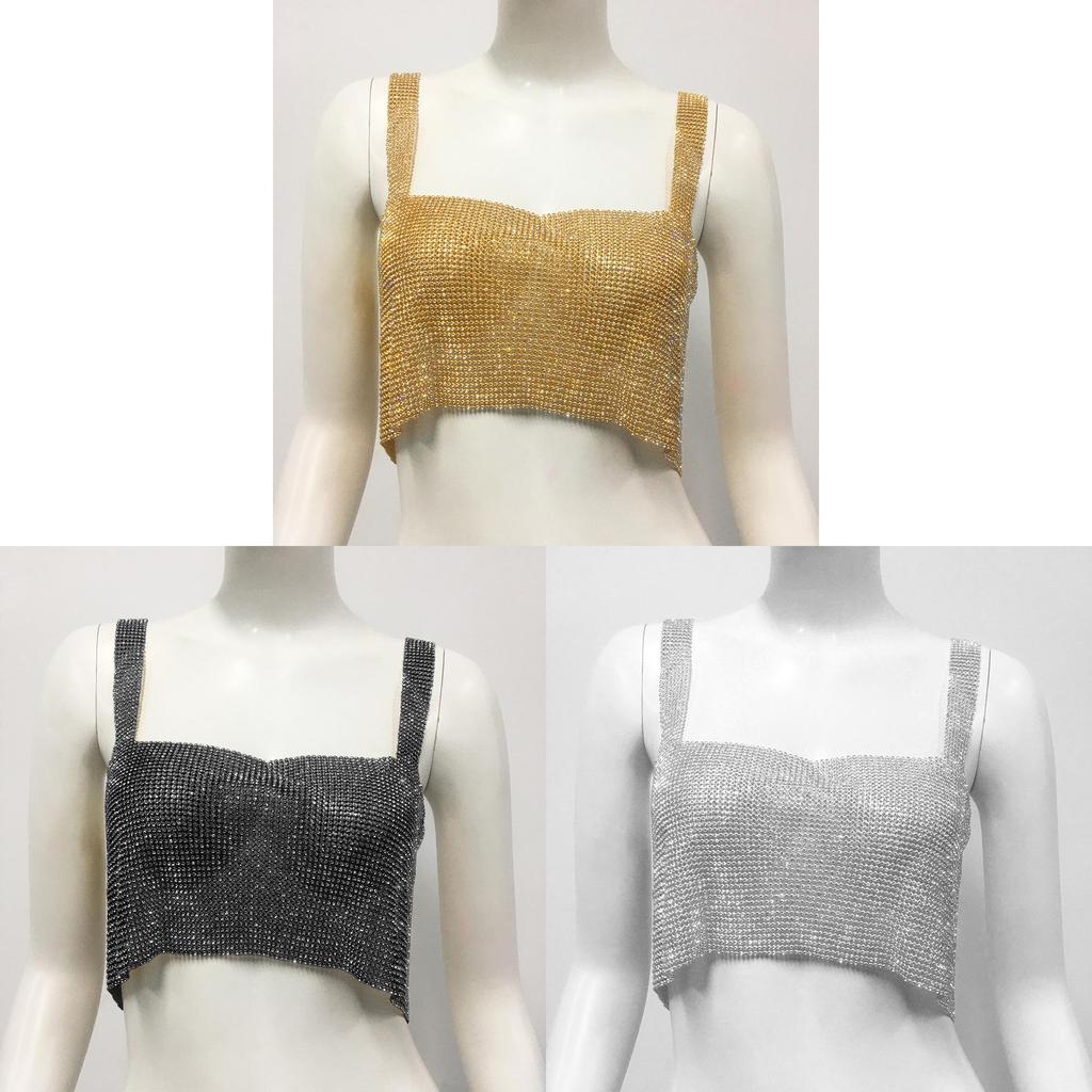 Metallic Streetwear Women Tank Top With Rhinestone Embellishments
