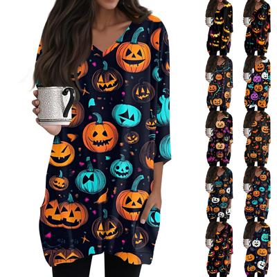 Womens Tops V-neck 3/4 Sleeve Blouses Casual Mid-length Shirts Fashion Halloween Print Tunic Tops With Pockets