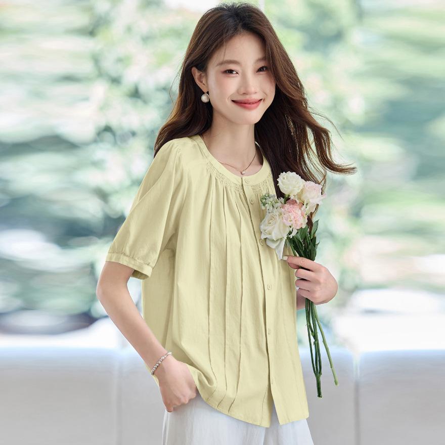 Summer thin pleated design bubble sleeves loose and versatile small casual shirt women