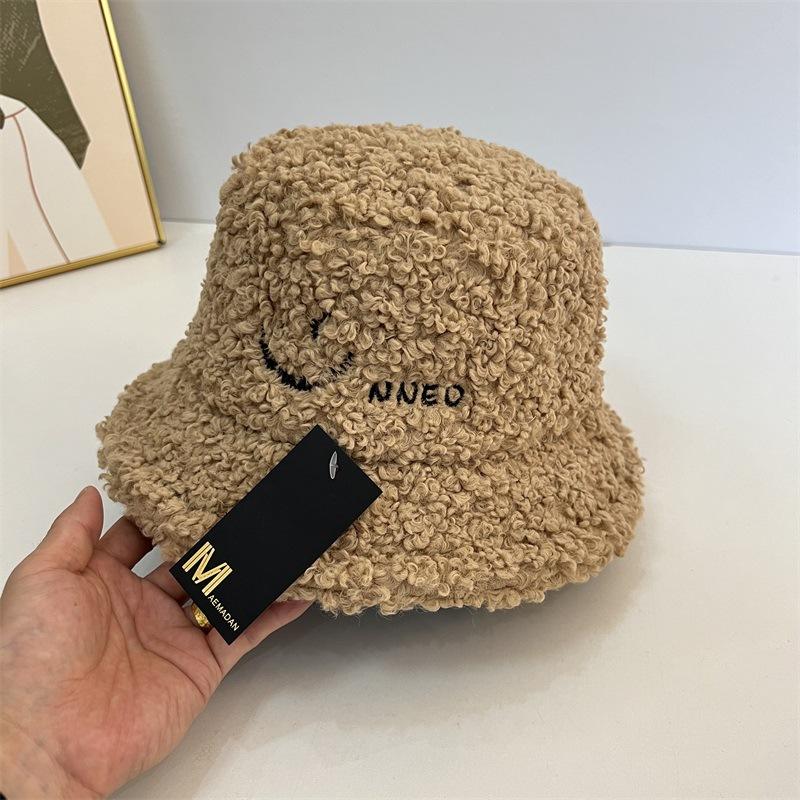 

Autumn and winter lamb wool fisherman s hat children cute smiley face embroidery heating lining warm ear hair fluff hat M（56-58cm） хаки