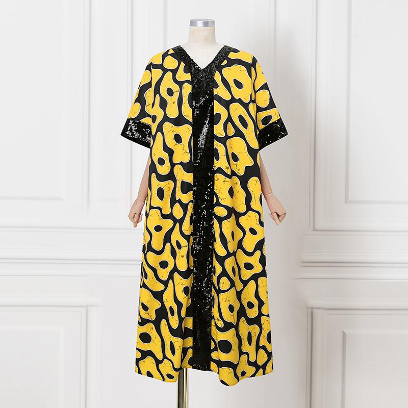 Plus Size Summer Women Round Neck Half Sleeve Print Ruffled Long Maxi Kaftan Dresses