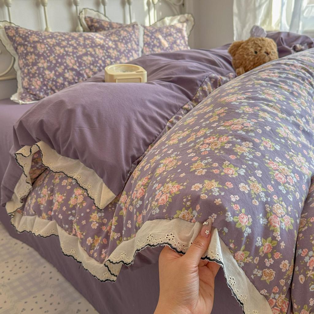French Style Retro Printed Duvet Cover Lace Edge Pillowcase and Duvet Cover Comfortable Breathable Nude Sleeping Solid Color Bed Sheet Bedding Sets