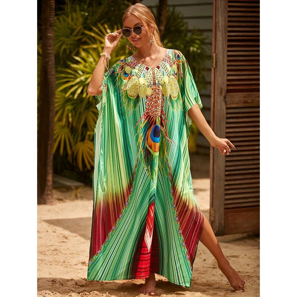 Plus Size Boho Cover Up, Women's Plus Painting Print Bat Sleeve V Neck Split Hem Maxi Cover Up Dress