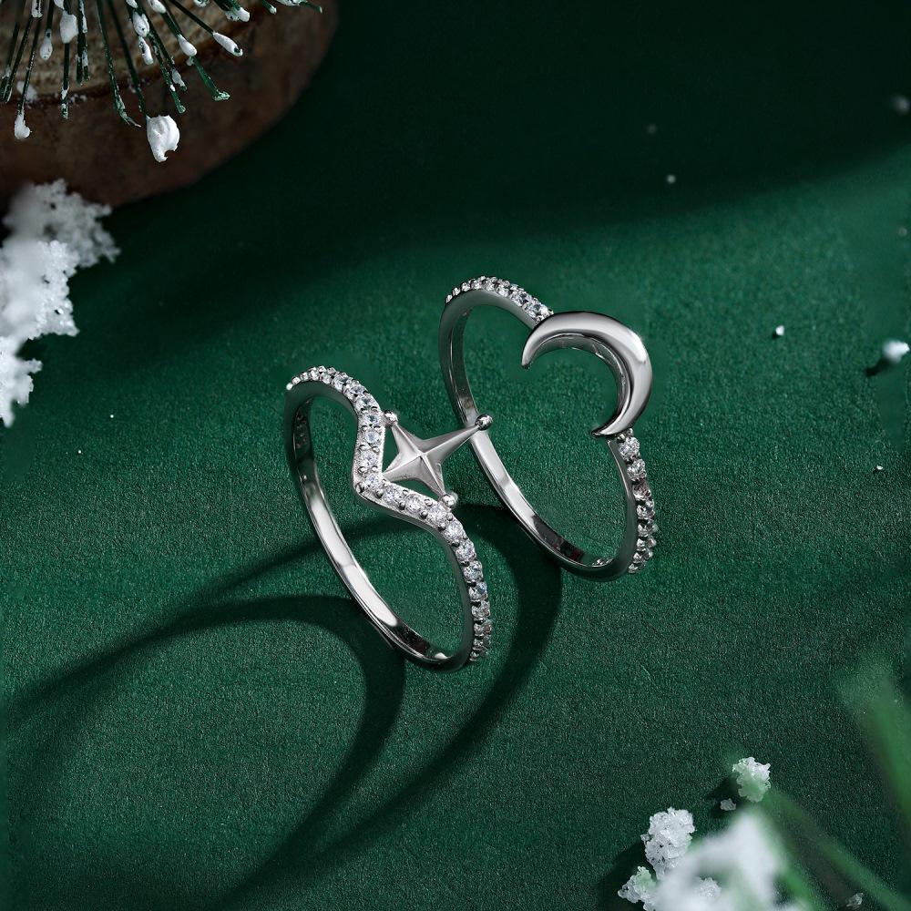 S925 Sterling Silver Star & Moon Ring: Stackable, High-End Micro-Zircon, Open Design for Women