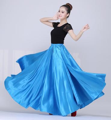 Belly Dancing Skirt Solid Gypsy Women Girl Spanish Flamenco Skirt Satin Big Swing Dress Adult Kids Stage Performance 360-Degree