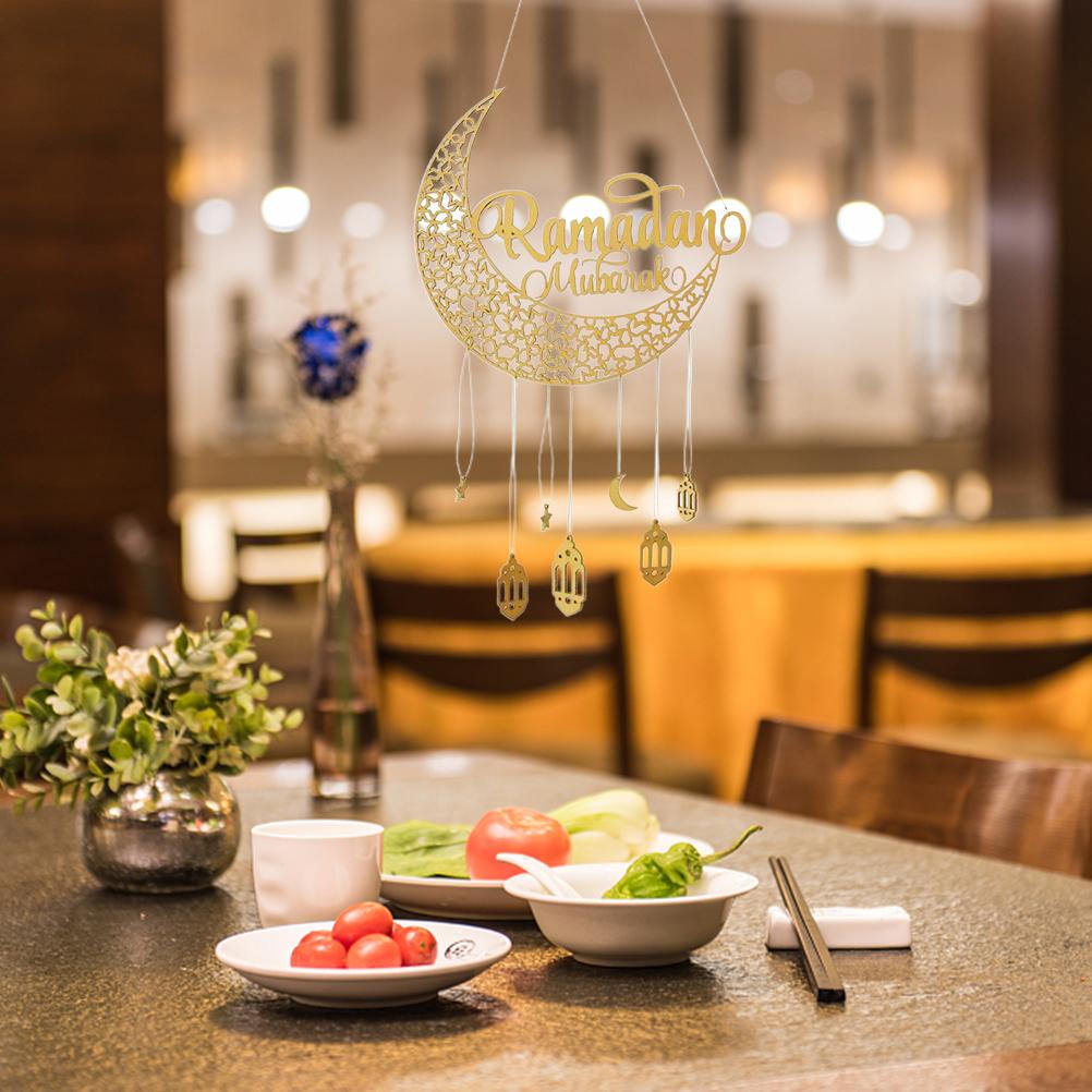 Muslim Eid Ramadan Wooden Hollowed Pendant Eid Golden Moon Hanging Decor Home Wall Decoration Gifts