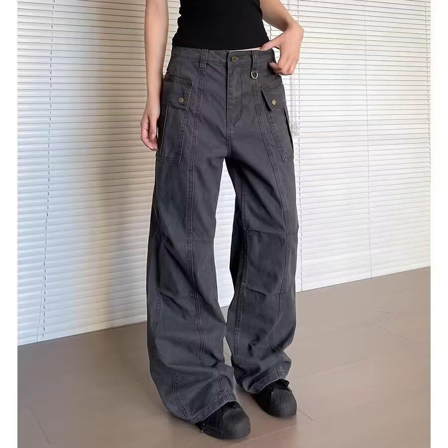 

Unisex Retro Cargo Pants with Multi-Pockets, Washed Straight Leg, Micro Flare, Slimming, Versatile Casual Long Pants Trend M серый