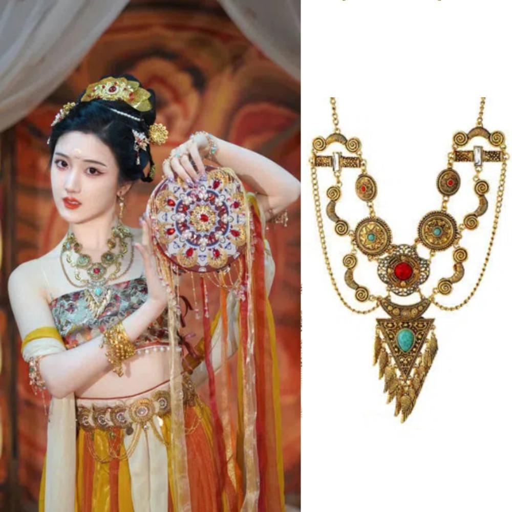 Geometric Bohemia Tassel Necklace Colorful Stone Tibetan Metal Necklace Sweater Chains Party