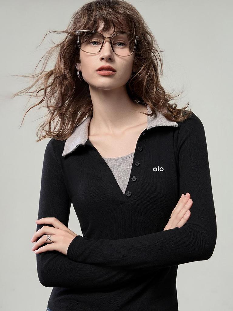 Women's Autumn 2025 Slim Fit Polo Collar Color Block Long Sleeve Top