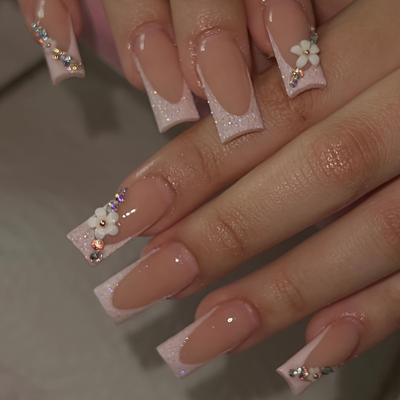 Easter 24pcs/box Glossy Long Square Fake Nails, Glitter Pinkish French Press On Nails With 3D Flower, Rhinestone Design, Sweet False Nails