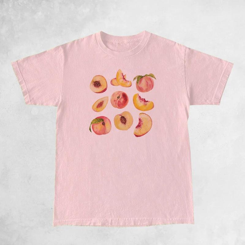 Vintage Peaches Printed Graphic Tees Women Cute Cottagecore Aesthetic TShirts Short Sleeve FeUnisex Retro Grunge Tops Clothes