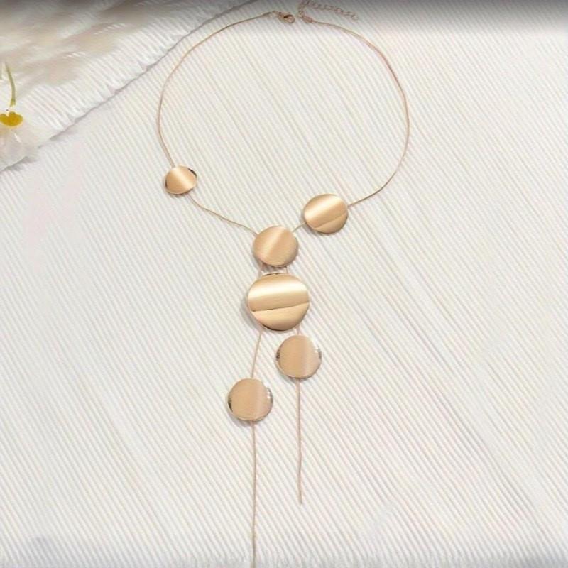 Irregular long chain necklace stud earrings set temperament jewelry disc hollow geometric light luxury