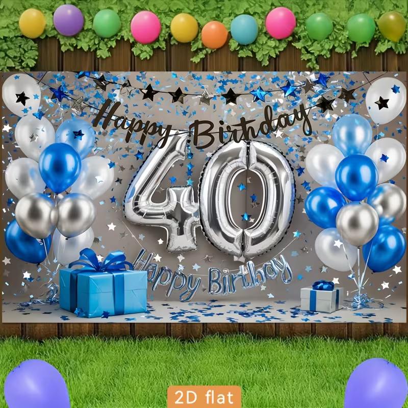 2D Blue Silver Balloon 40th Birthday Backdrop - Star Confetti Background Banner for 40th Birthday Celebration