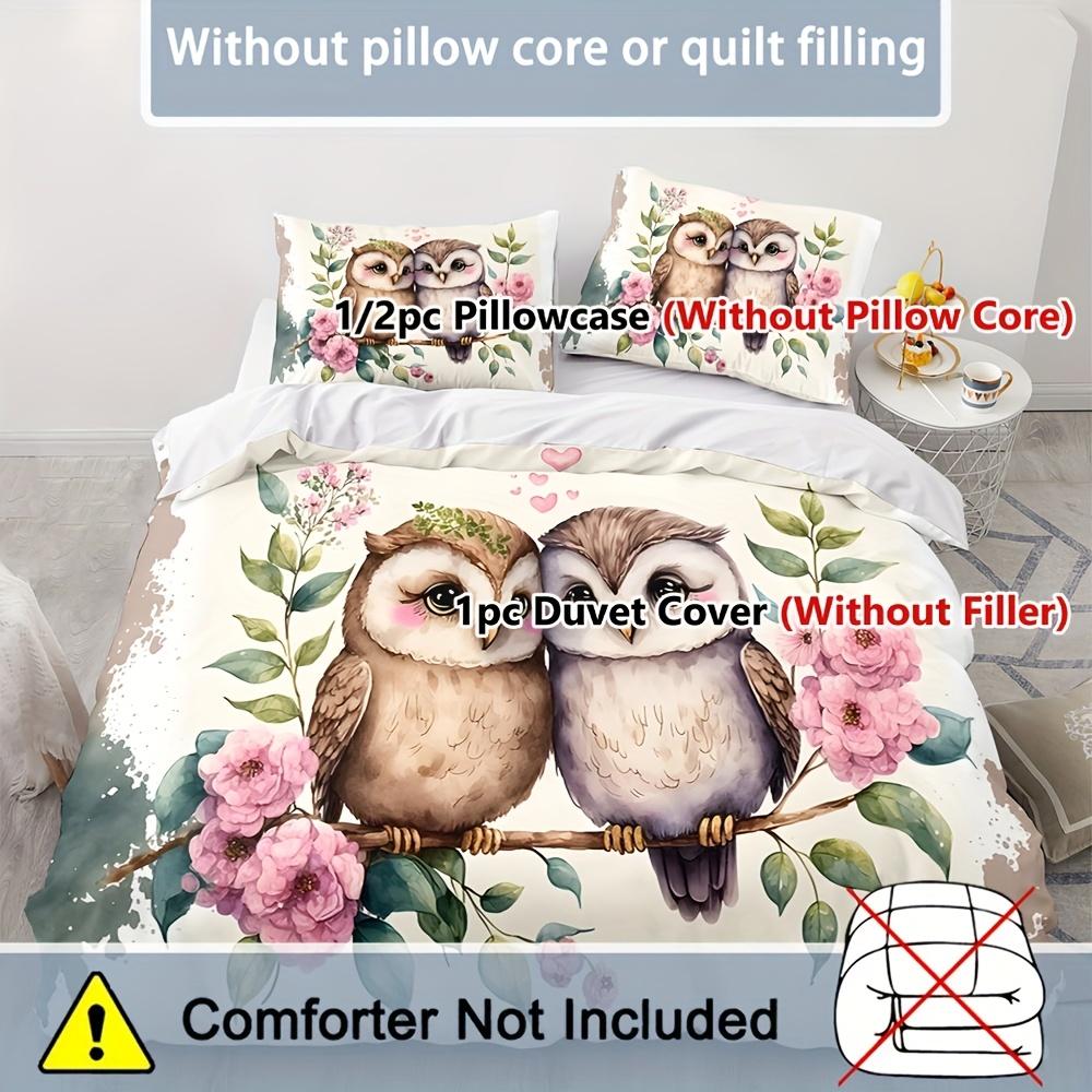 2/3pcs Set Fresh and Loving Two Love Owls Perched on Pink Flower Branches Bird-themed Bedding Set Digital Print Quilt Cover Set
