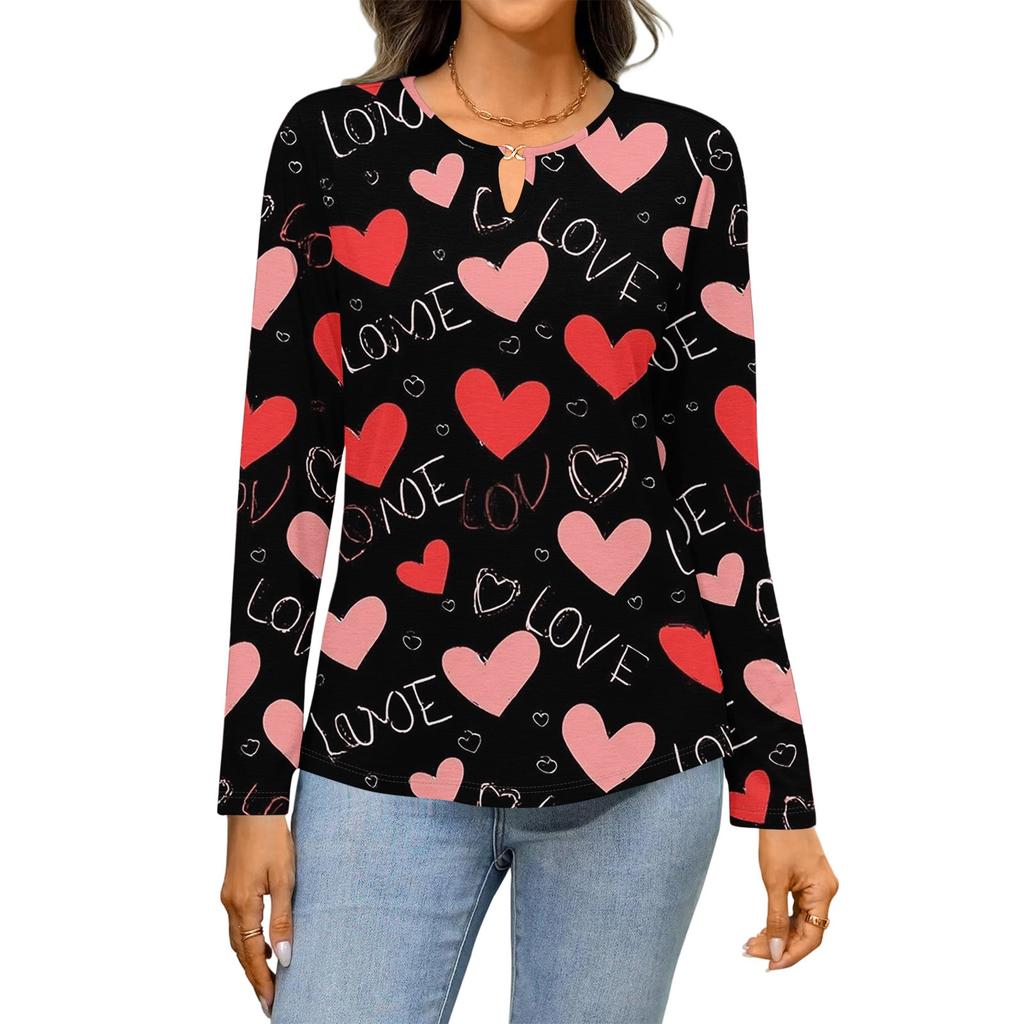 Women's Casual Round Neck Hollow,out Pullover Long Sleeve Valentine's Day Heart Print T,shirt Top