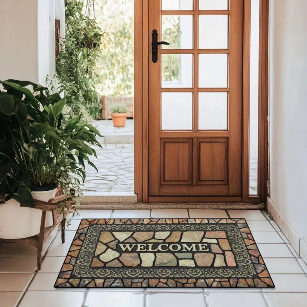 Stone Pattern Welcome Doormat Non-Slip Floor Mat Indoor Outdoor Entrance Rugs Home Decoration