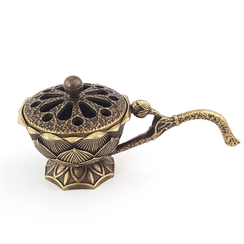 Handheld Lotus Incense Burner Creative Temple Brass Buddhism Buddha Holder Retro Copper Sandalwood Censer Crafts Home Decoration