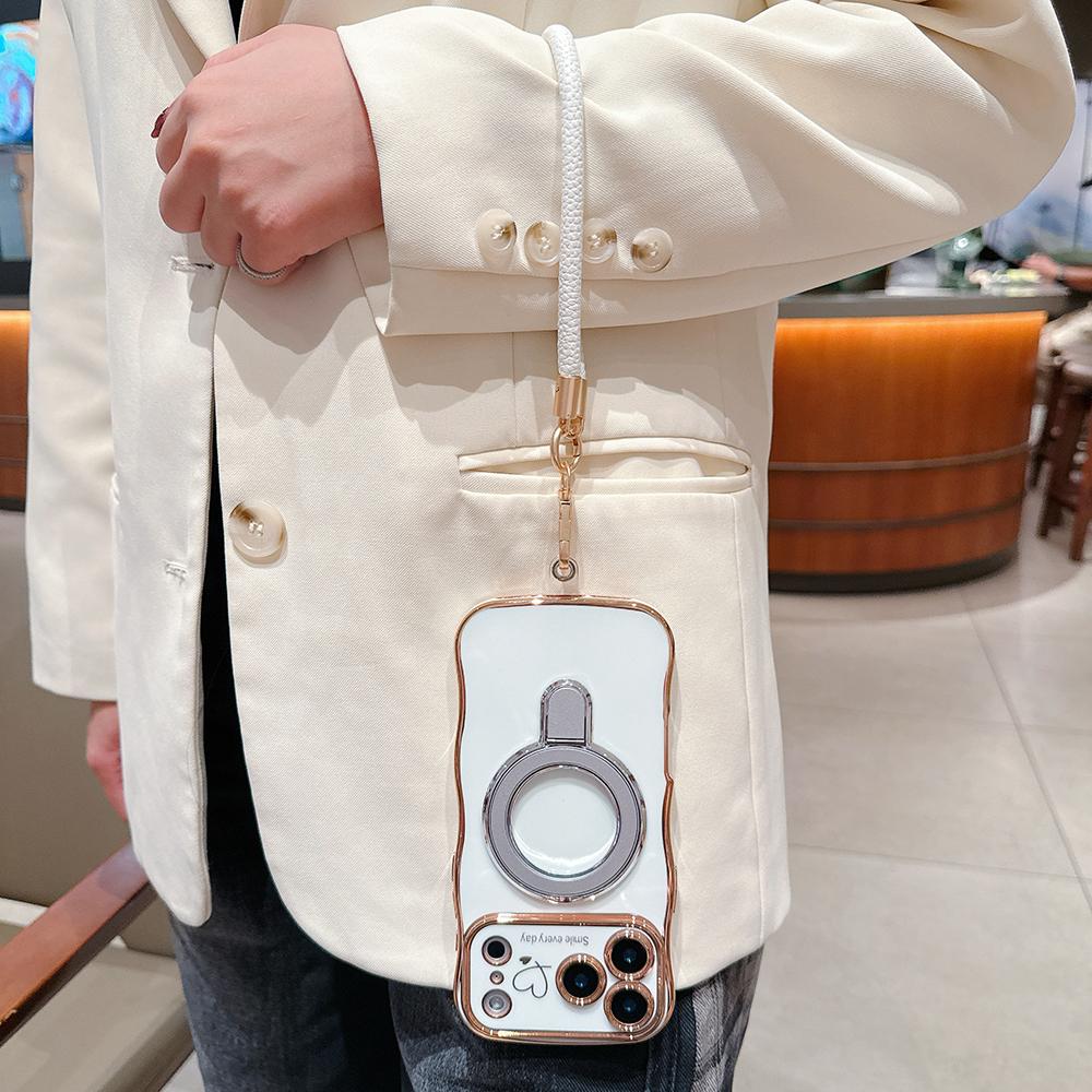 Wavy Frame Wrist Strap Phone Case for iPhone 17 Air 16 15 14 13 12 11 Pro Max Plus Silicone Soft Protective Cover Magnetic Stand