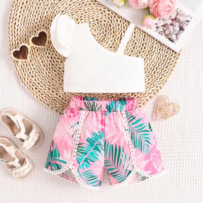 Girls' Casual Set, Summer Children's Strappy Top, Tropical Plant Printed Shorts Set