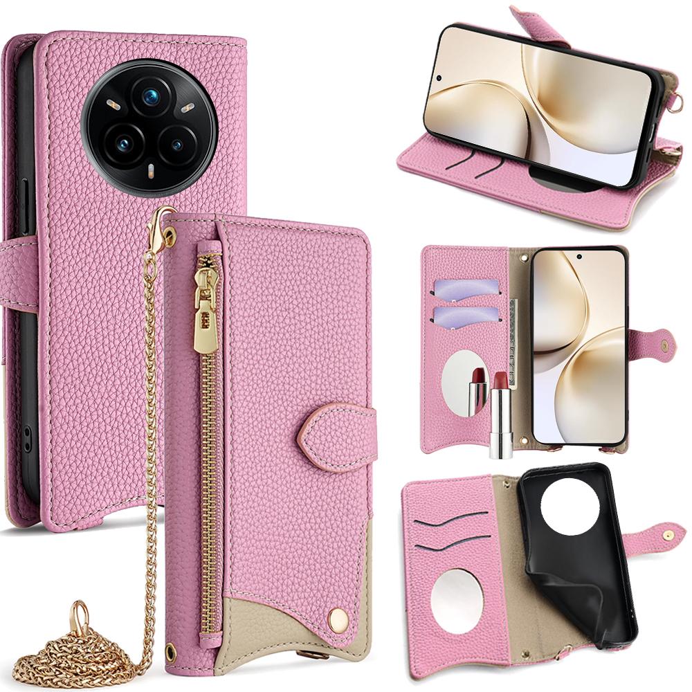 

For Realme 14 Pro+ 5G Wallet Case Fishtail Design Leather Phone Cover with Mirror/Stand/Strap Pink